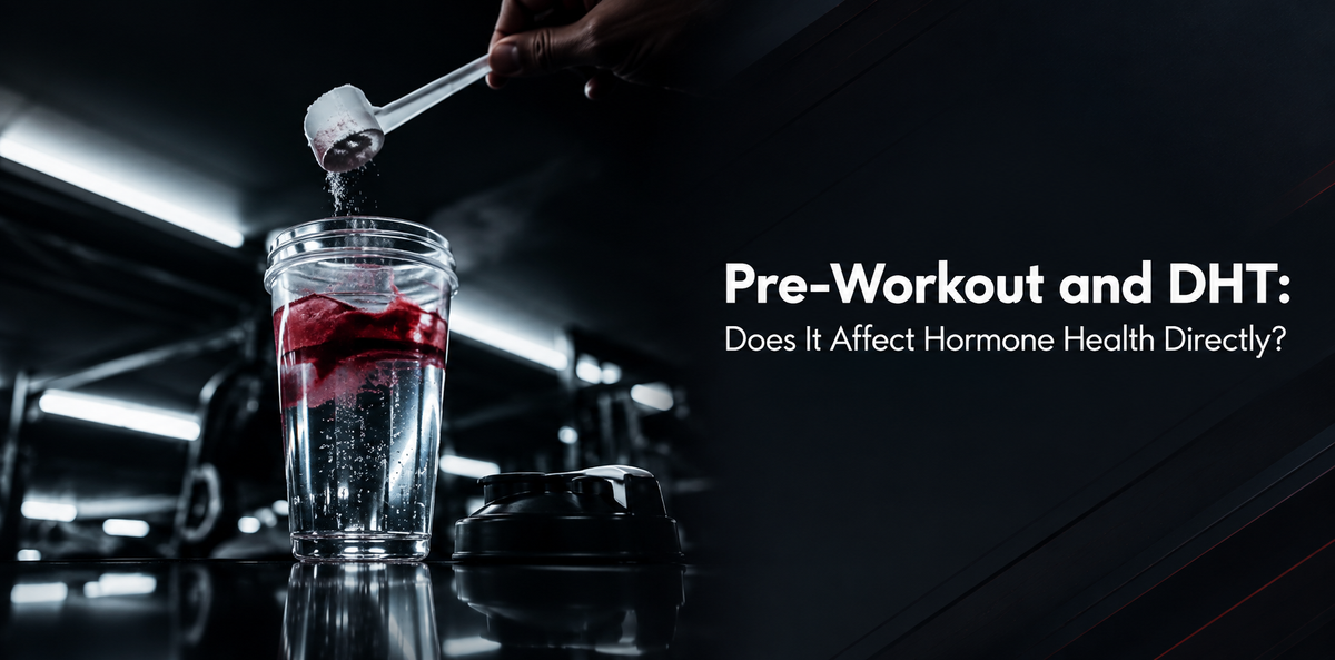 Pre-workout supplement powder being poured into a shaker bottle in a dark gym, alongside text about pre-workout and DHT.