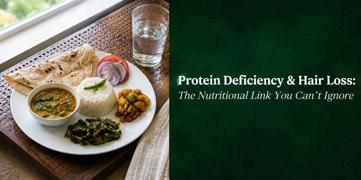 Indian thali with rice, roti, dal, vegetables, greens, salad, and water beside text reading “Protein Deficiency & Hair Loss: The Nutritional Link You Can’t Ignore.”