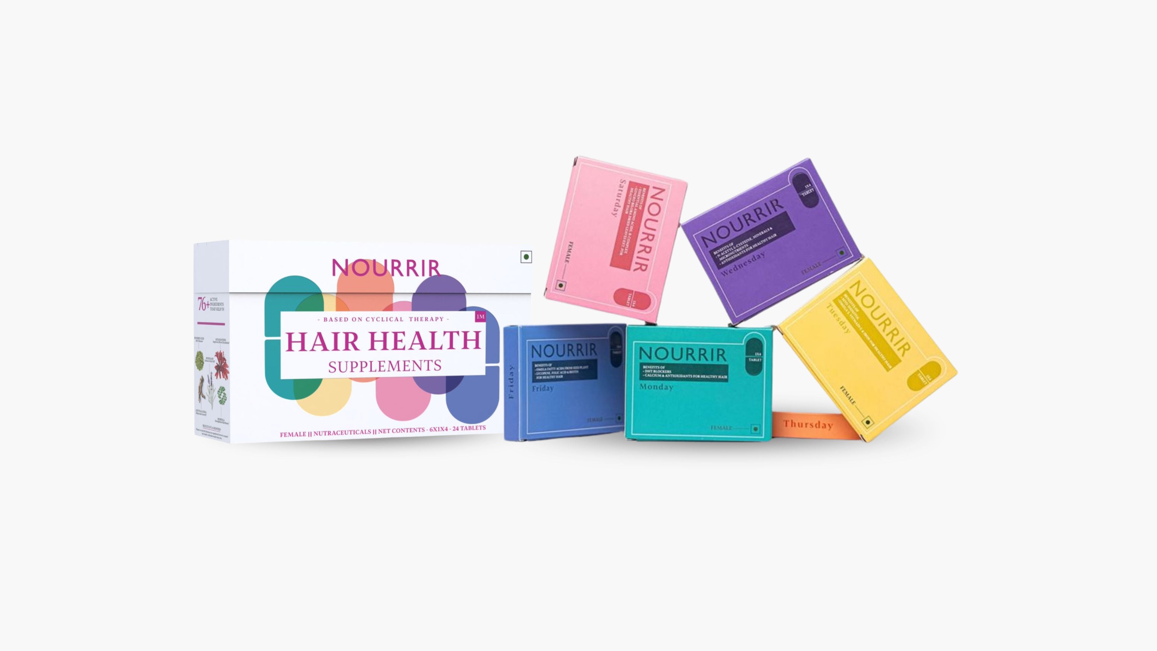Colorful boxes of Nourrir hair health supplements on a white background
