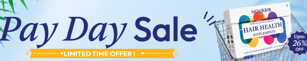 Pay Day Sale banner featuring Nourrir Hair Health Supplements with up to 26% off and a limited-time offer.